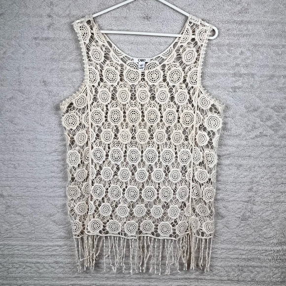 Ivory Crochet See Through Tank Top Size Large Tassels on Bottom Boho Festival - Picture 1 of 12